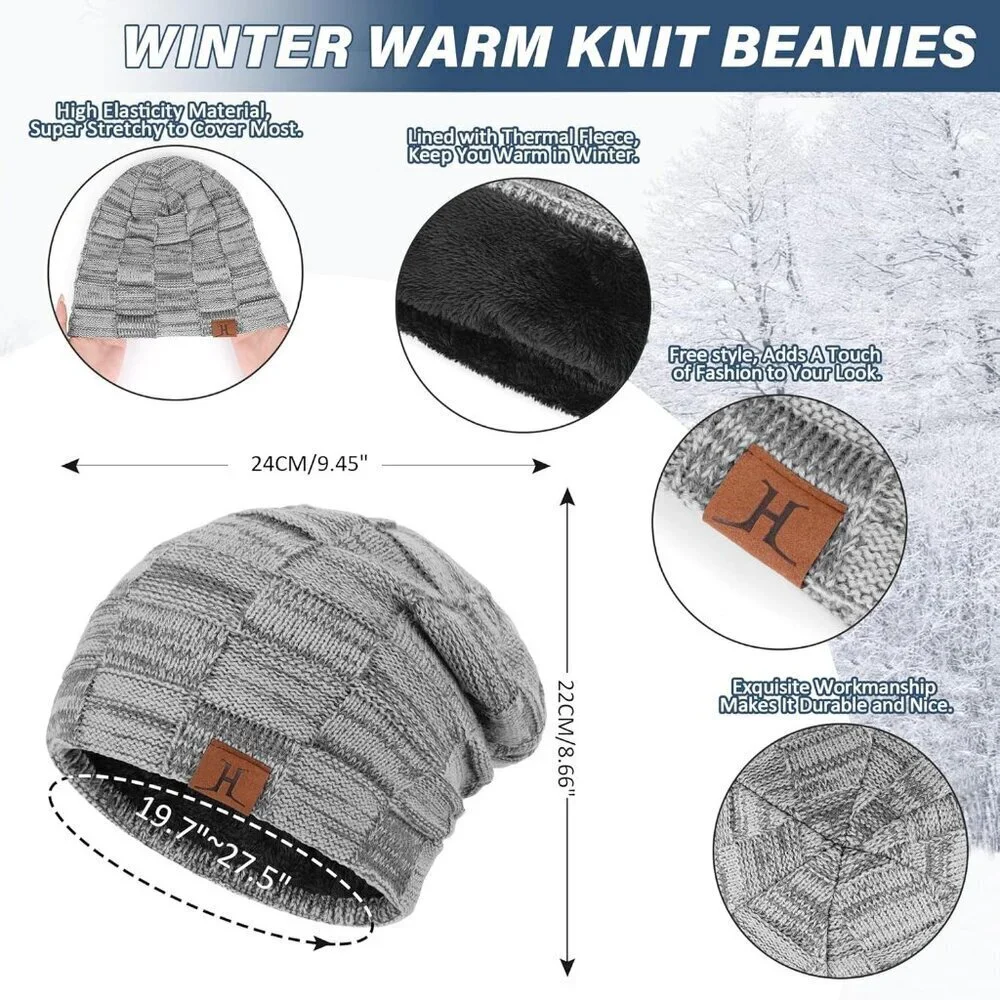 Men's Grey Winter Warm Knit Skull Cap Neck Warmer Fleece Lined Hats Scarf Set